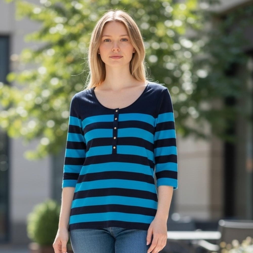 Hugo Boss Navy and Teal Striped Henley Tee - Casual - Size XS